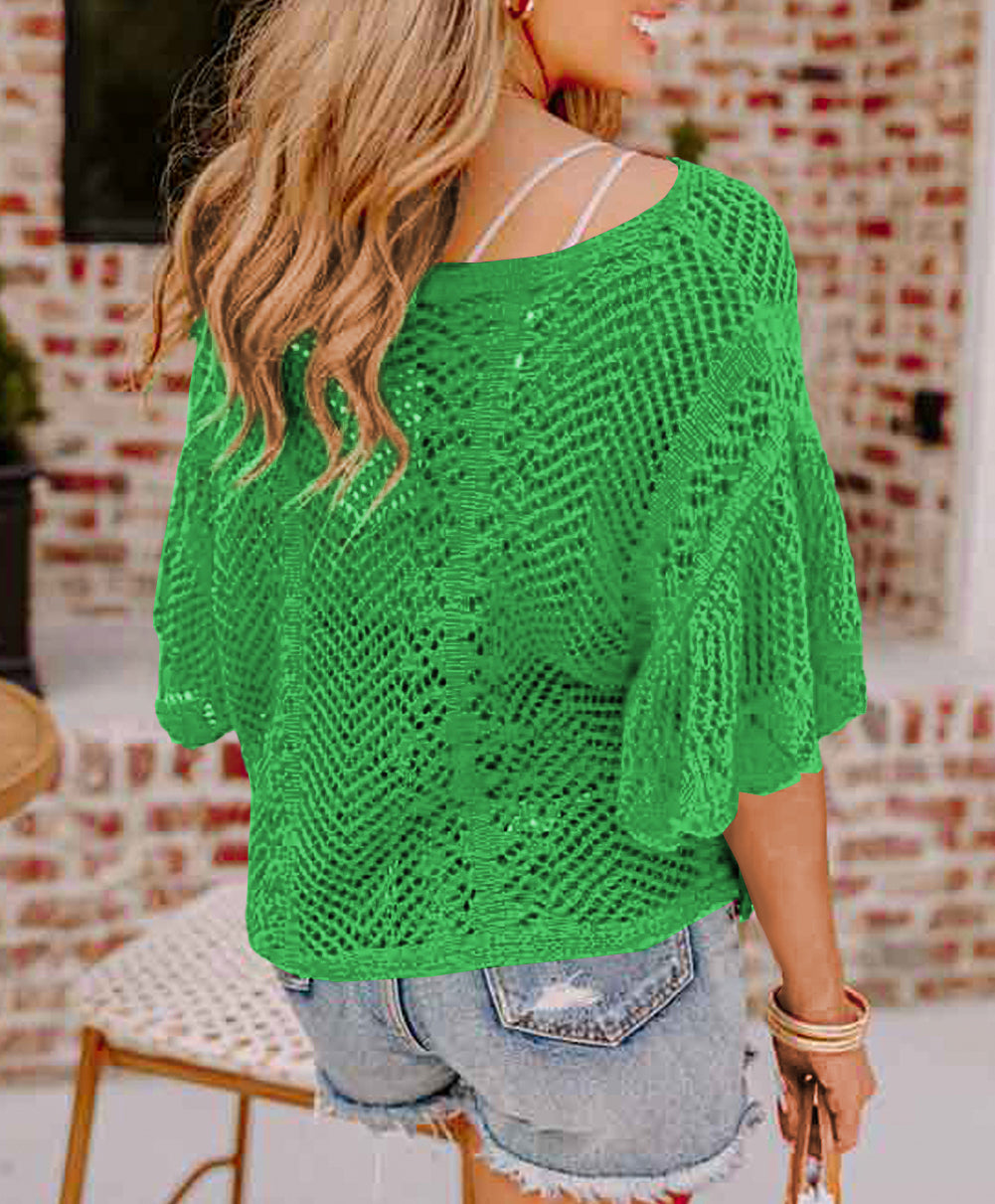 Pointelle Knit Scallop Edge Short Sleeve Top