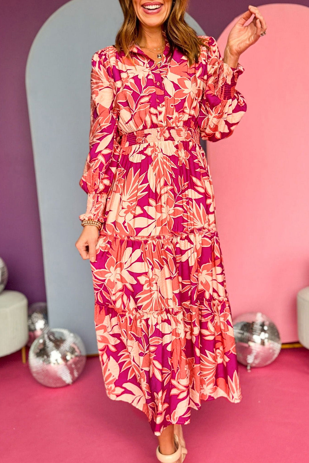Floral Print Buttoned Smocked High Waist Maxi Dress