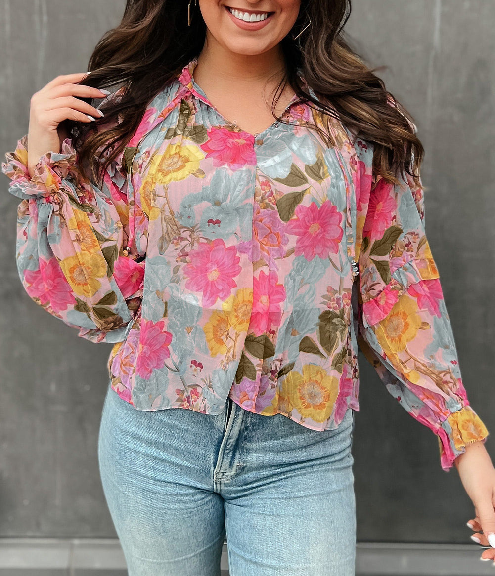 Floral Print Tiered Ruffled Long Sleeve Blouse