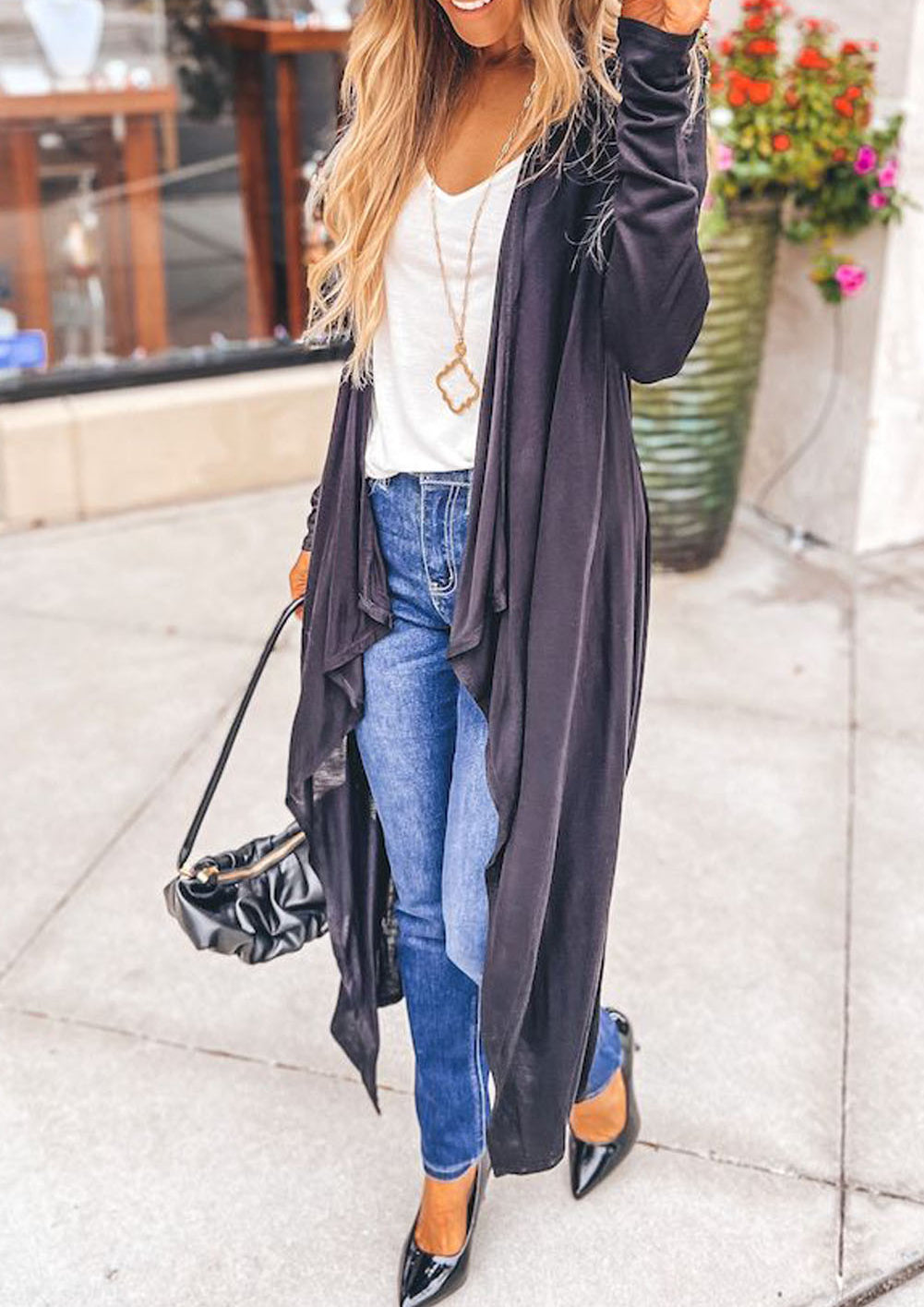 Draped Open Front Long Cardigan