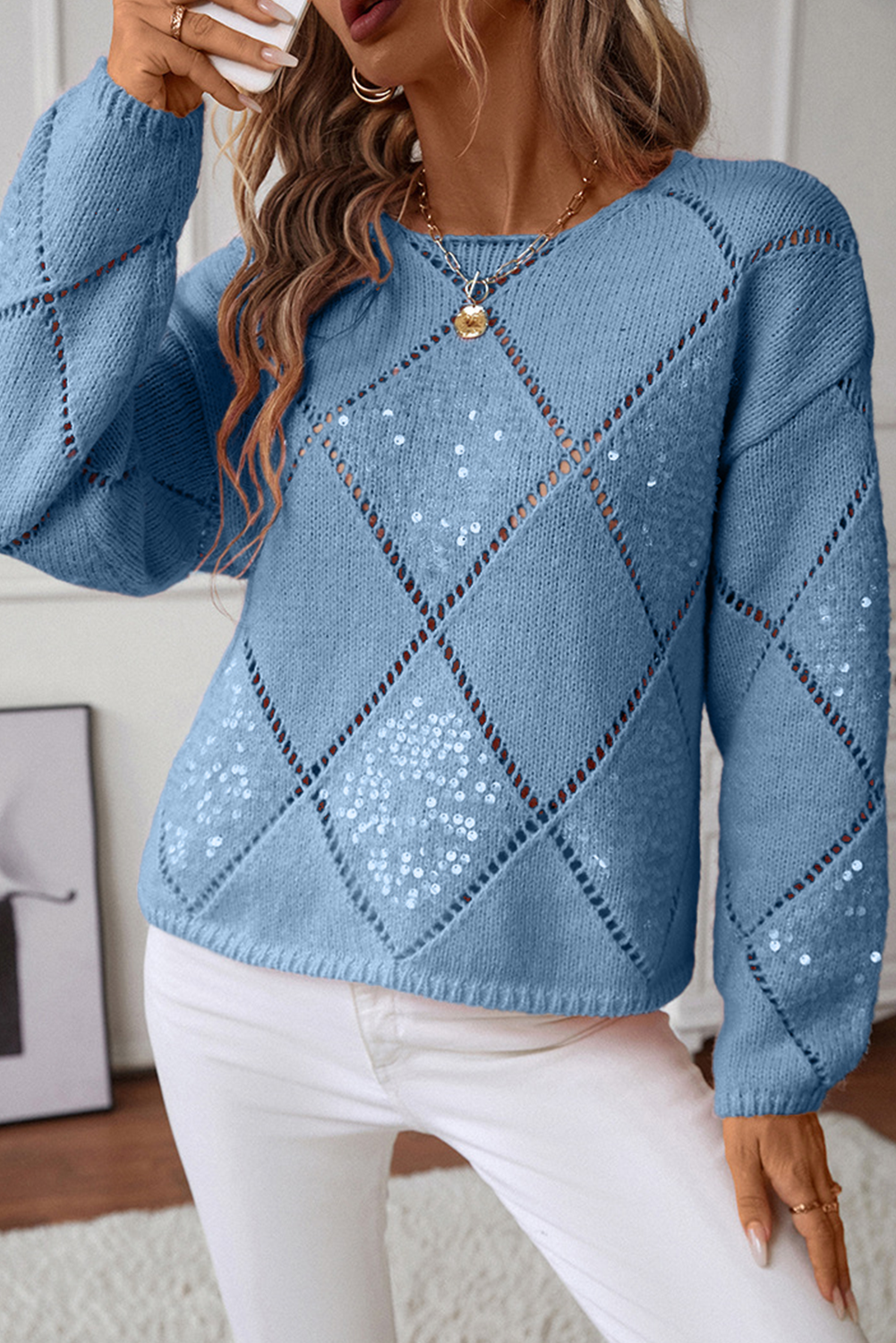 Hollowed Rhombus Pattern Sequin Detail Round Neck Sweater