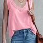 Pink V Neck Ribbed Trimming Tank Top