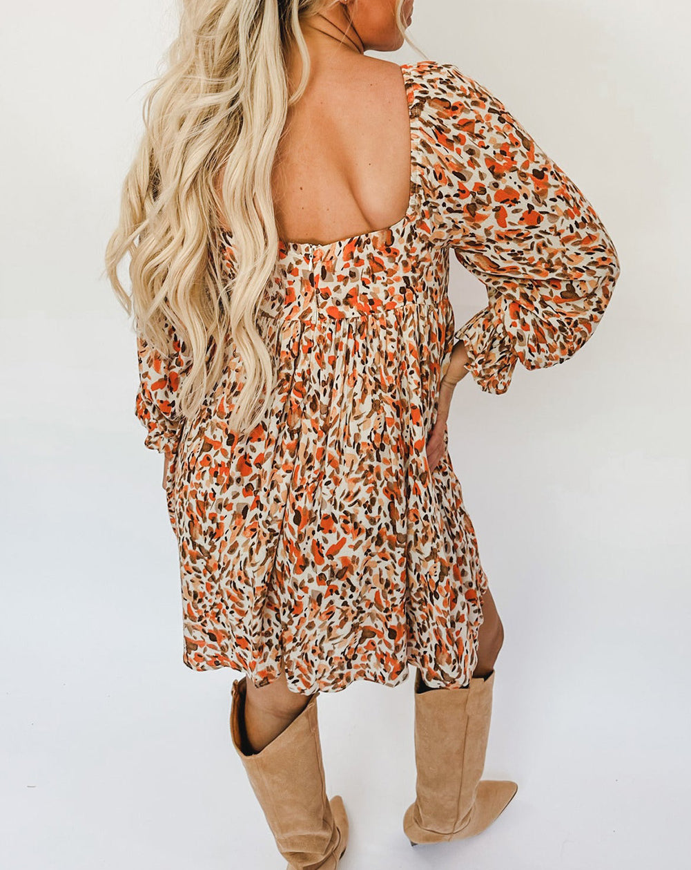 Abstract Print High Waist Square Neck Mini Dress