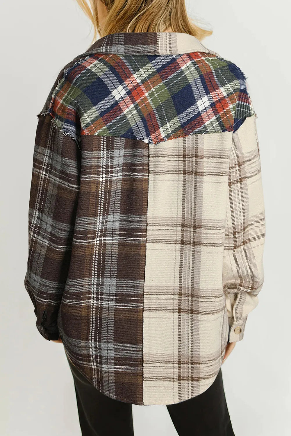 Mixed Plaid Patchwork Double Flap Pocket Shirt