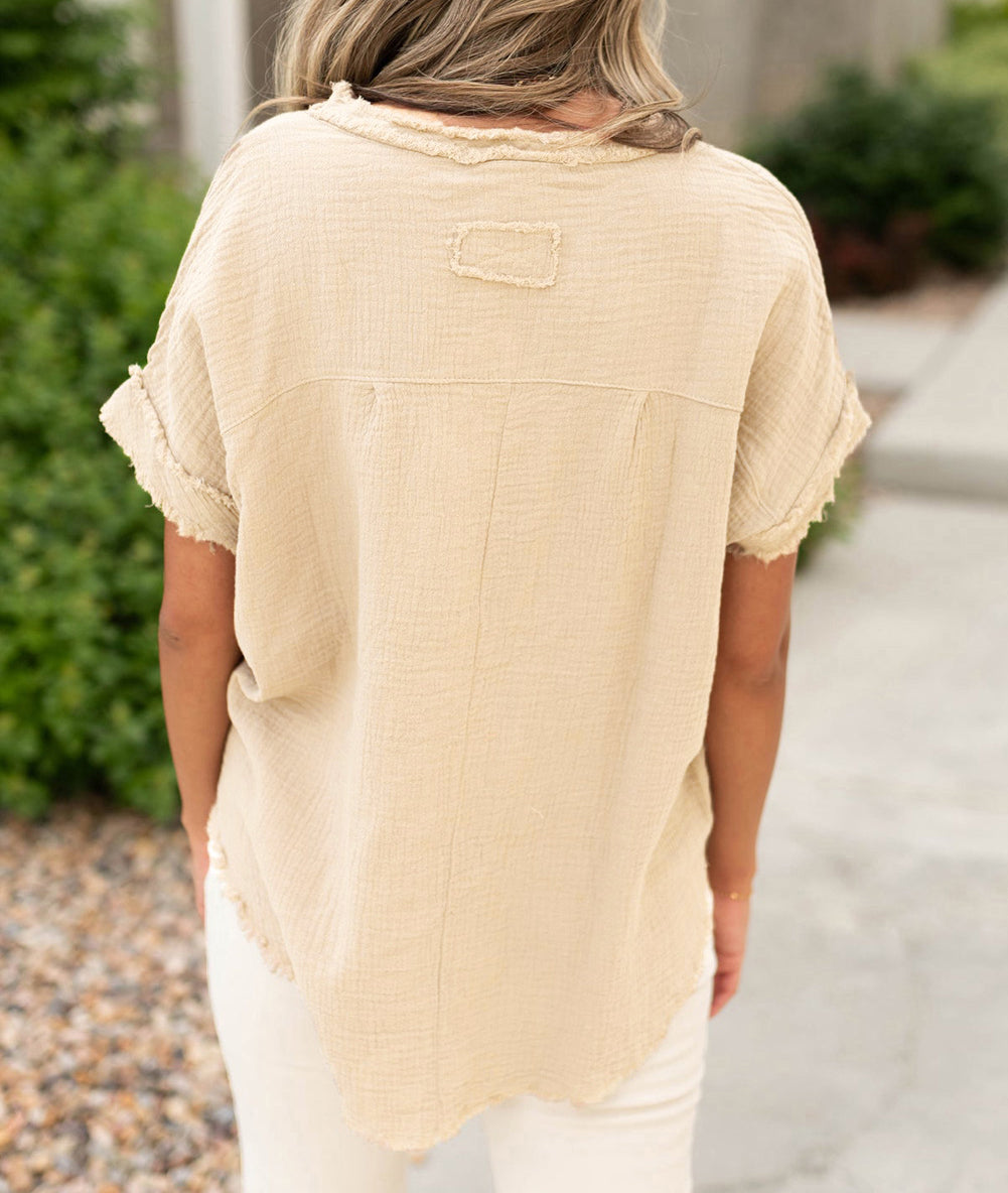 Textured Frayed Trim Half Button Short Sleeve Top