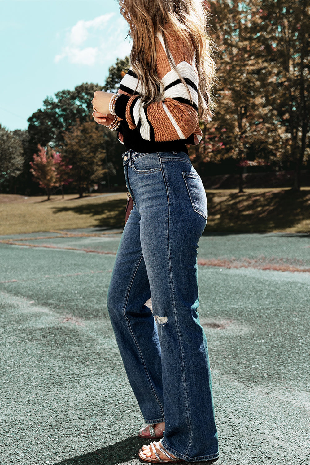 Medium Wash Ripped Straight Leg Jeans