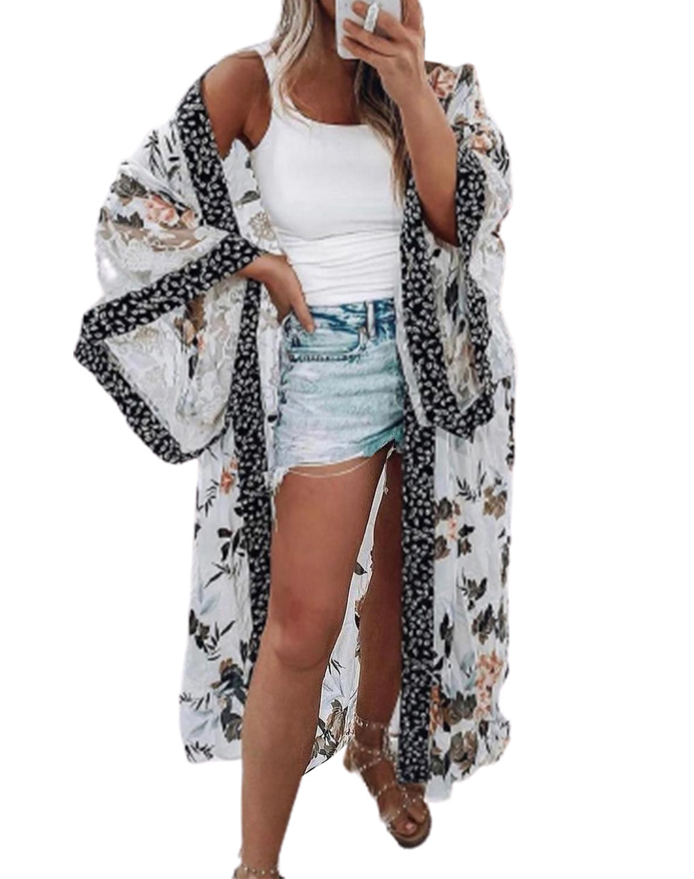 Floral Print Lace Patchwork Batwing Sleeve Duster Kimono