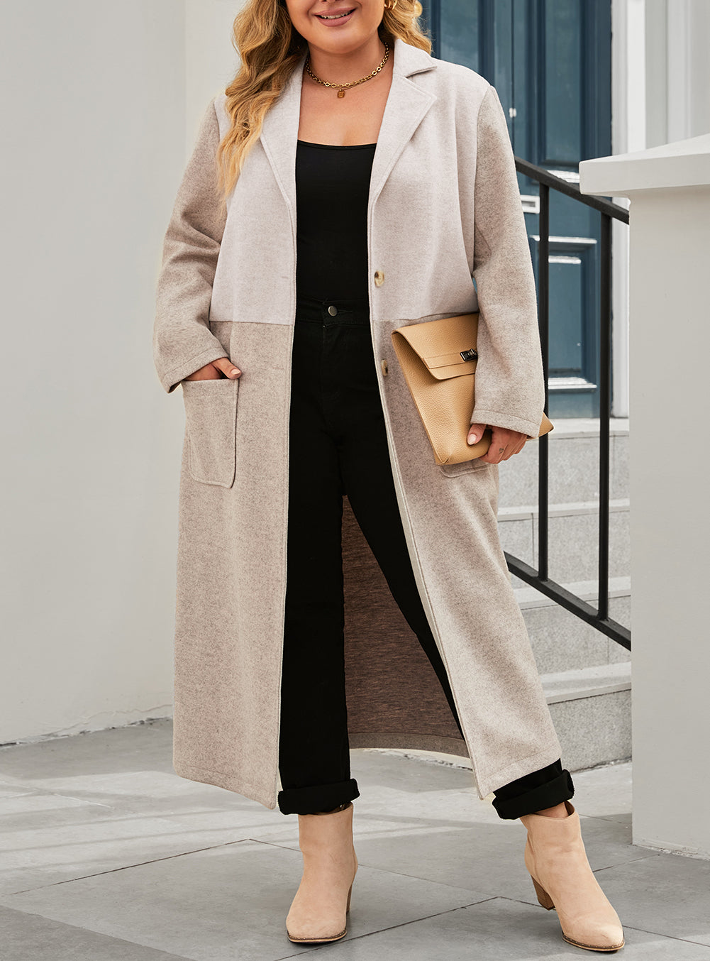 Plus Size Colorblock Lapel Collar Long Coat