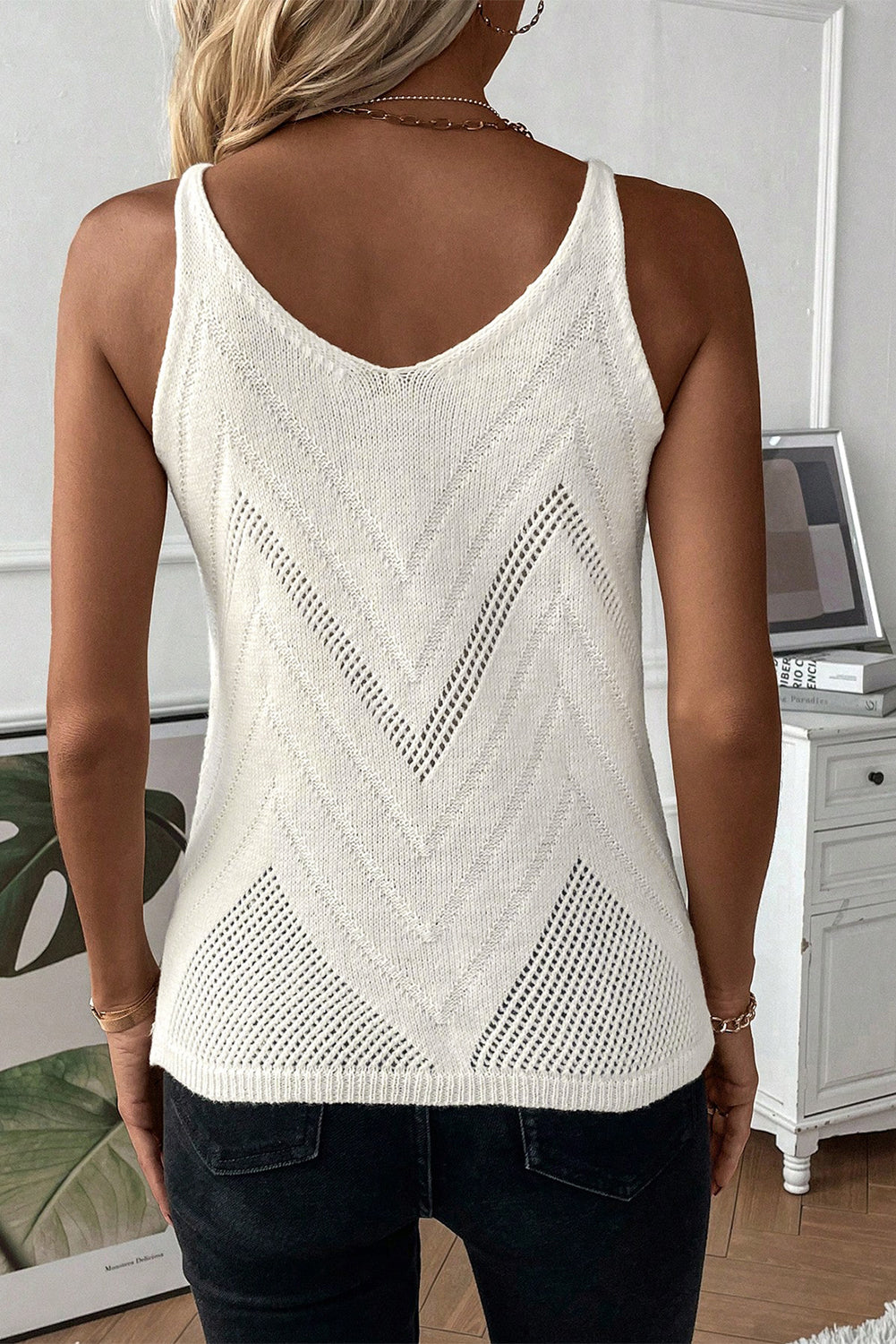 Chevron Pointelle Knit Spaghetti Straps Sweater Vest
