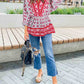 Geometric Print 3/4 Sleeve V-Neck Shirred Waist Flared Blouse