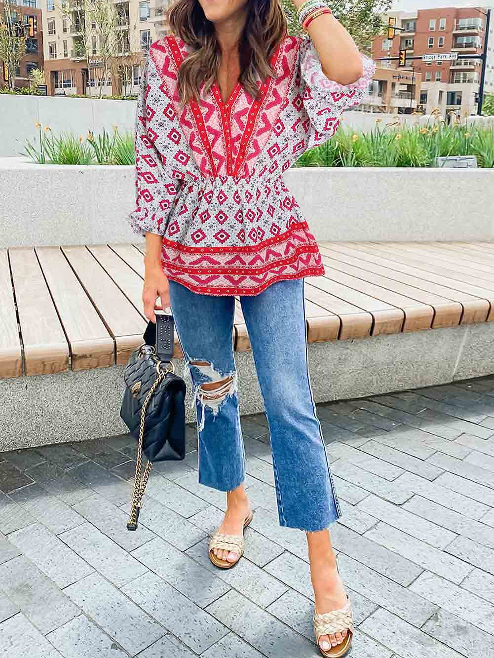 Geometric Print 3/4 Sleeve V-Neck Shirred Waist Flared Blouse