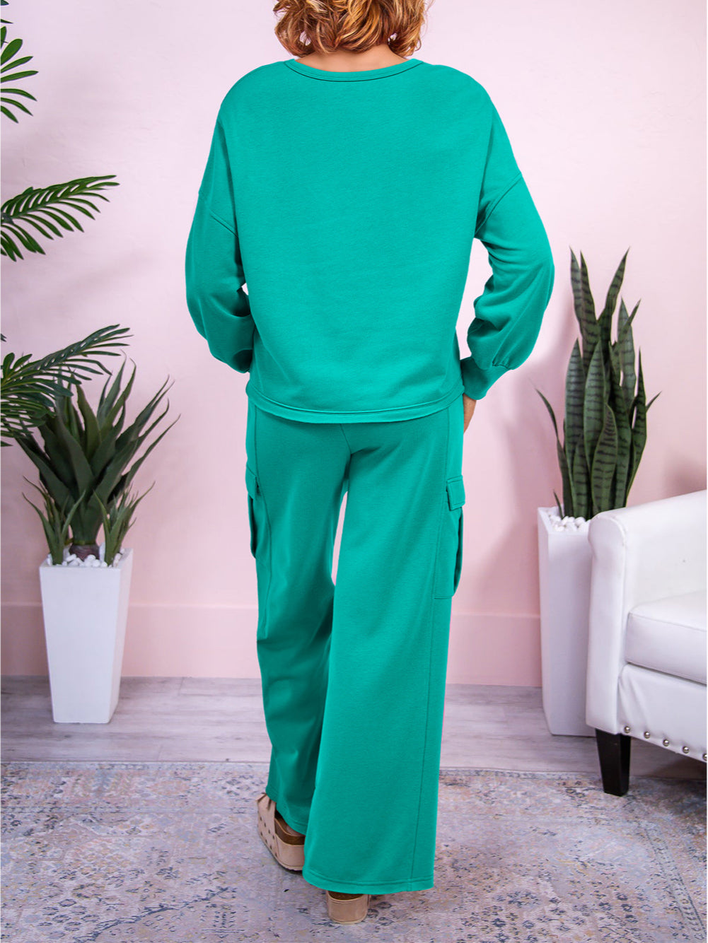 Solid Color Patchwork Pullover Top and Cargo Pants Set