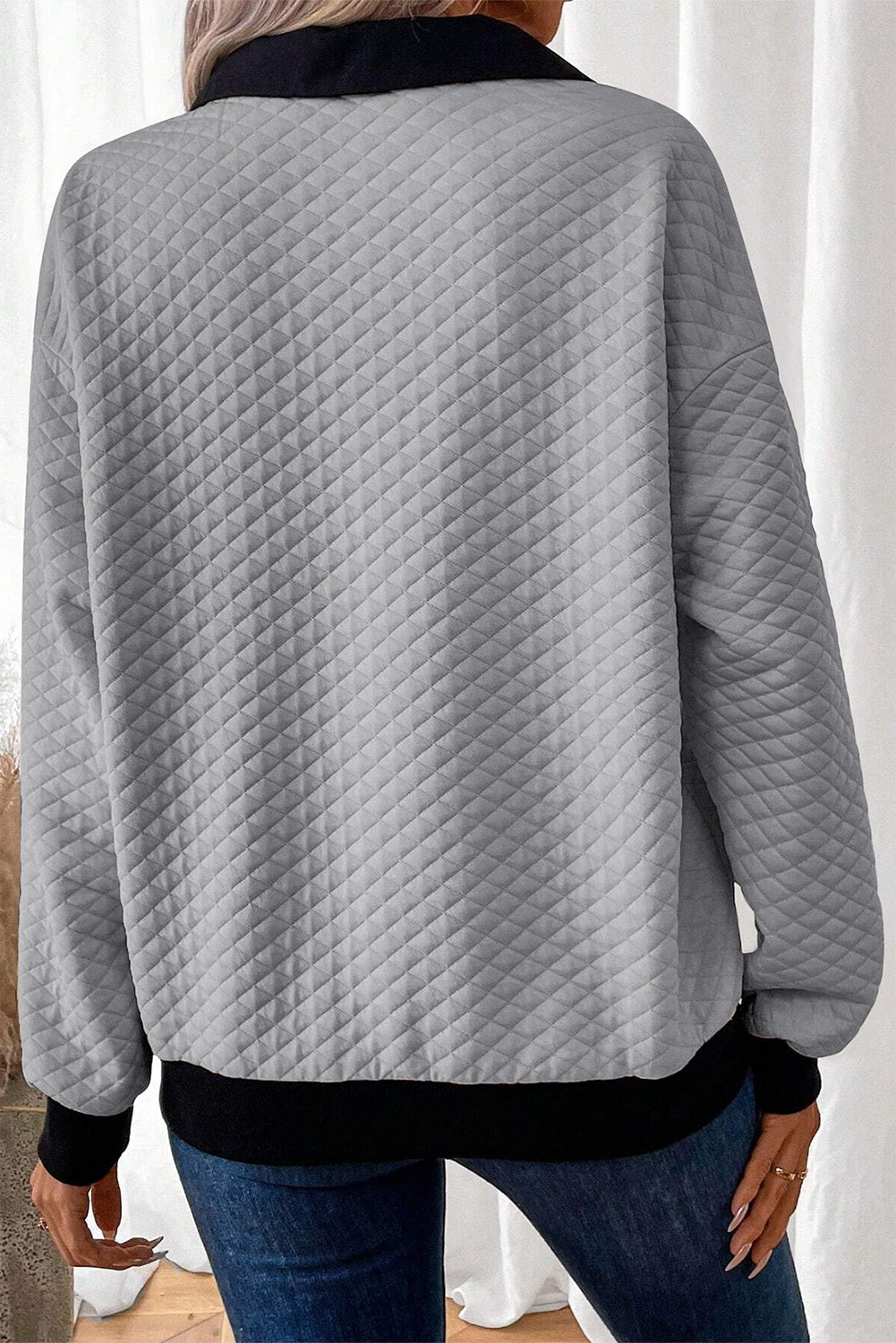 Textured Colorblock Edge Buttoned Collar Sweatshirt