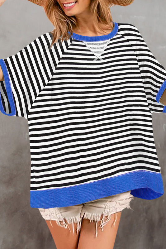 Stripe Contrast Ribbed Patchwork Oversize T Shirt