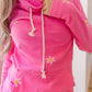 Flower Embroidered Thumbhole Sleeve Cowl Neck Sweatshirt