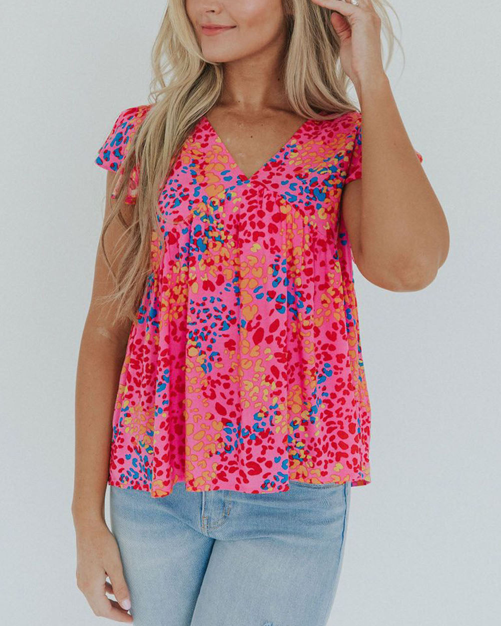 Leopard Print V Neck Flutter Sleeve Blouse