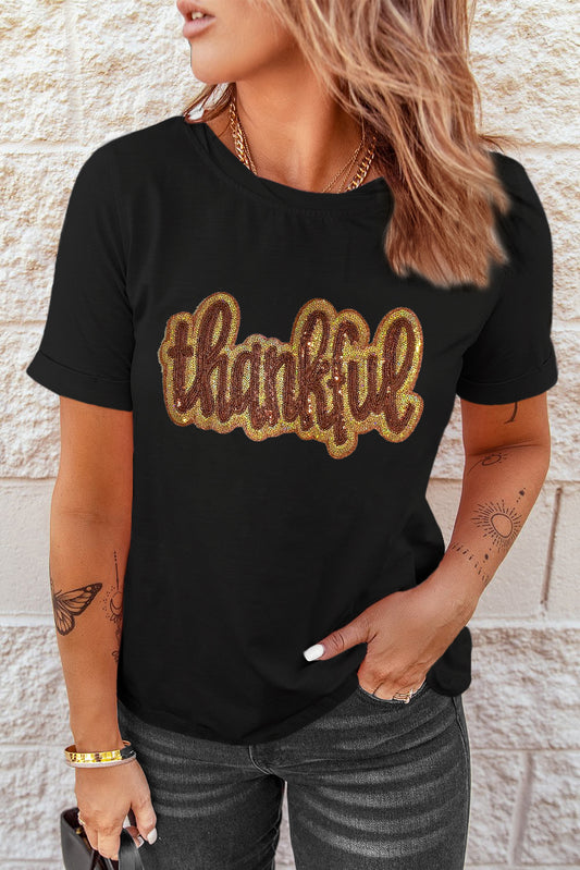 Sequined Thankful Round Neck Graphic Tee