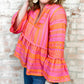 Plus Size Geometric Embroidered Bell Sleeve Babydoll Blouse