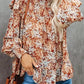 Flame Floral Smocked Sleeve High Neck Ruffled Blouse