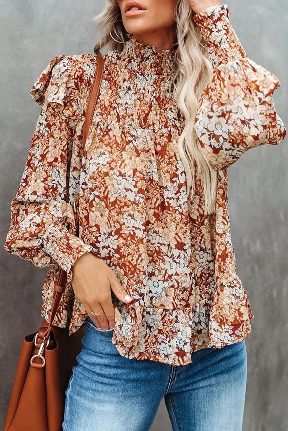 Flame Floral Smocked Sleeve High Neck Ruffled Blouse
