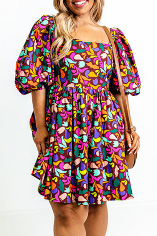 Plus Size Printed Puff Sleeve Short Flare Dress