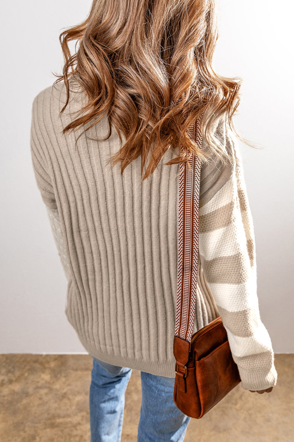 Cable Knit Colorblock Crew Neck Drop Shoulder Sweater