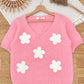 Flower Crochet V Neck Short Sleeve Sweater