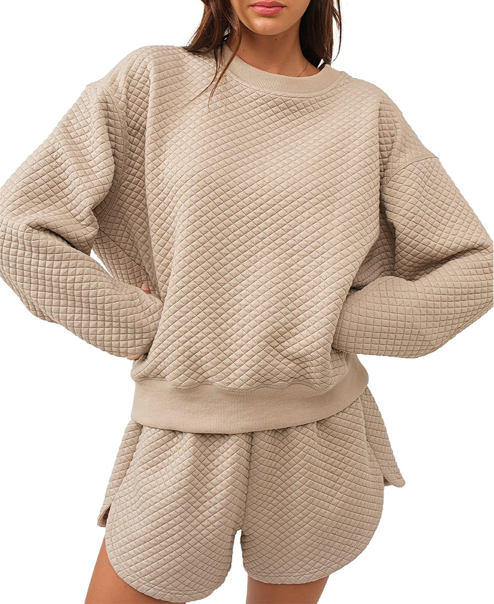 Solid Color Quilted Long Sleeve Top and Shorts Set