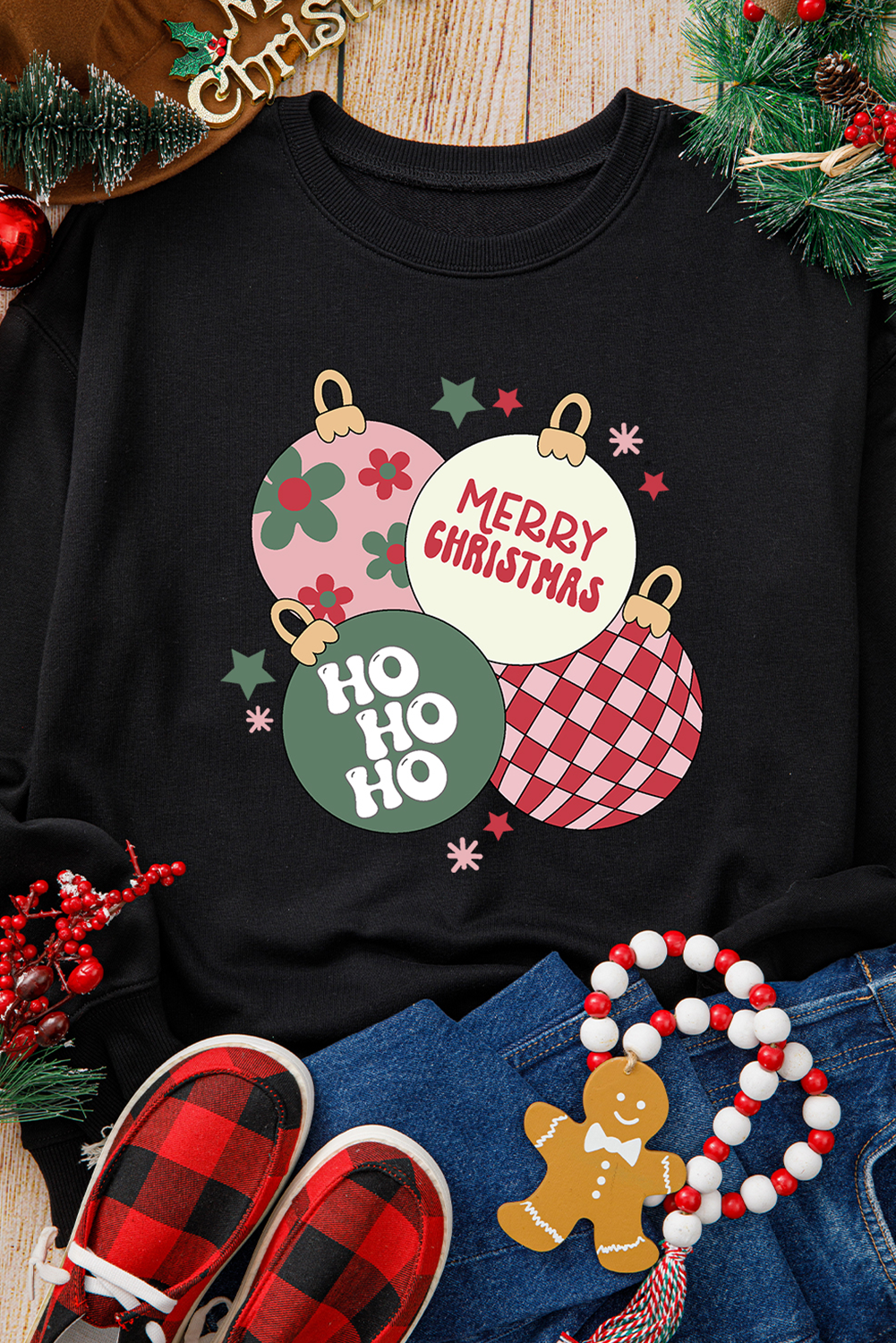 Floral Letter Christmas Ball Printed Crewneck Pullover Sweatshirt