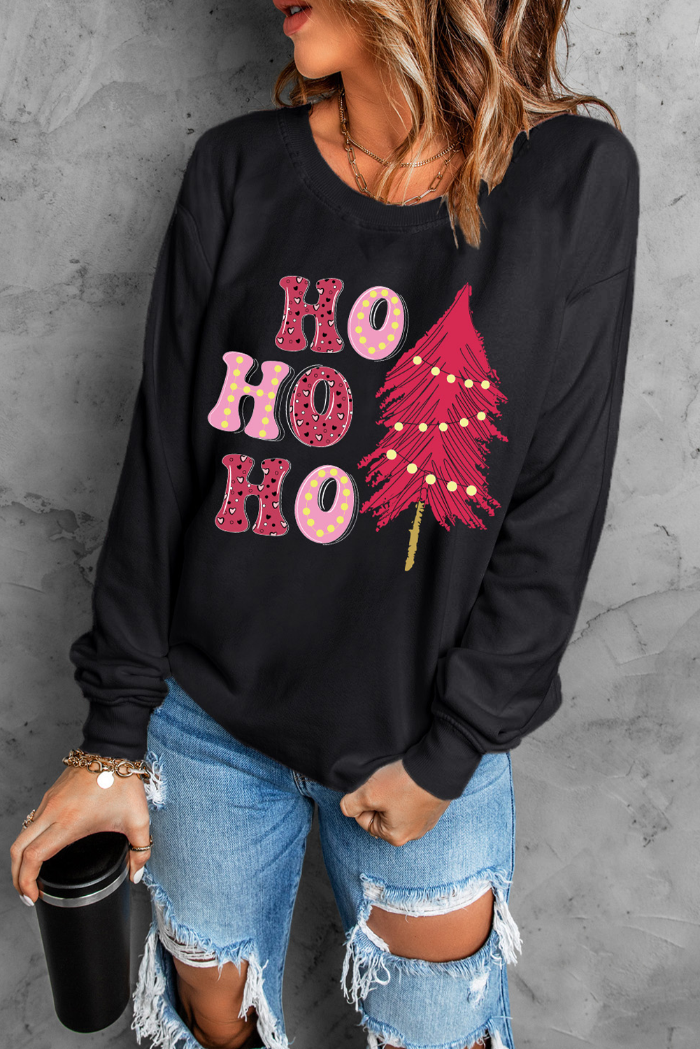 HO HO HO Christmas Tree Graphic Pullover Sweatshirt