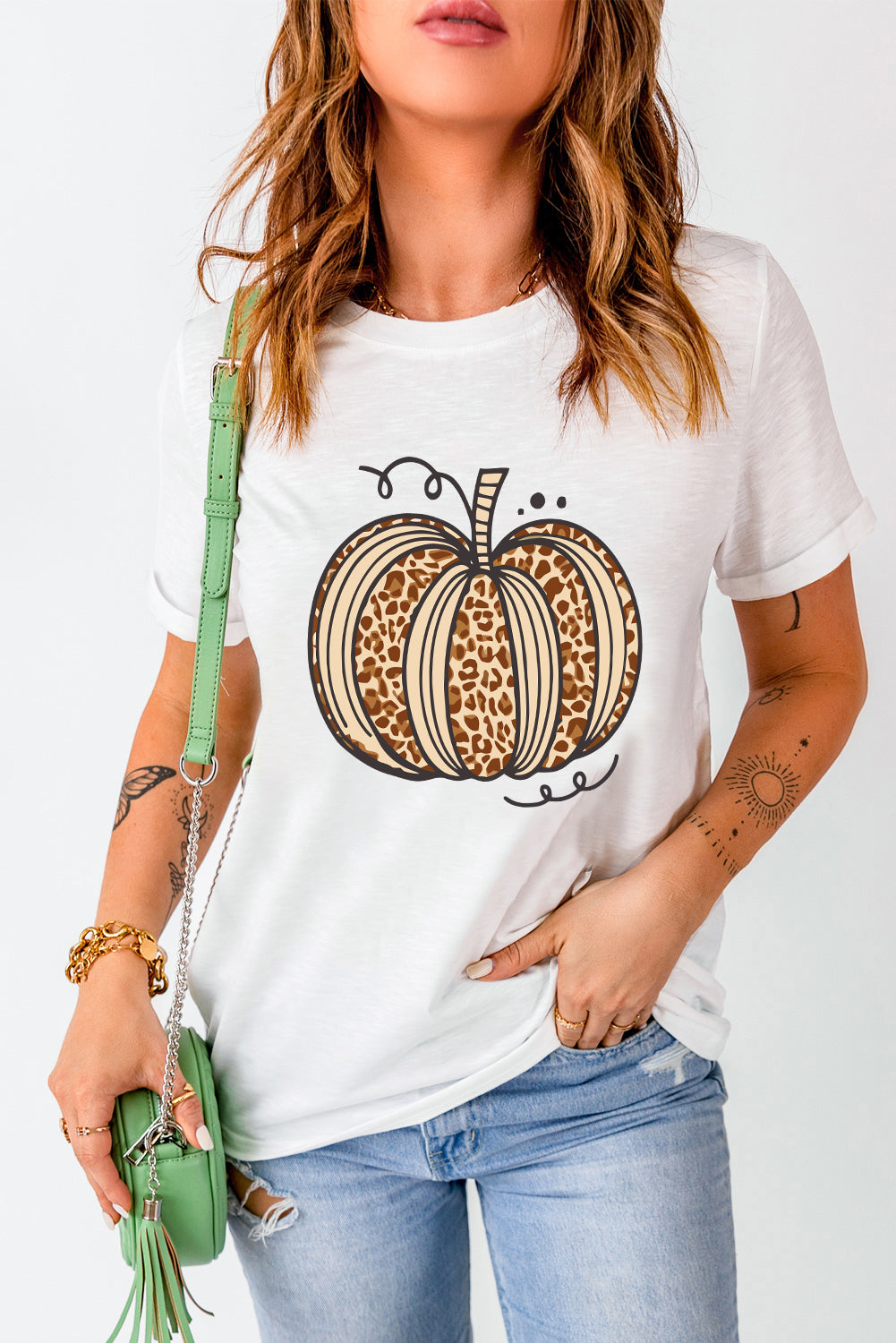 Leopard Pumpkin Graphic Crewneck Halloween T Shirt