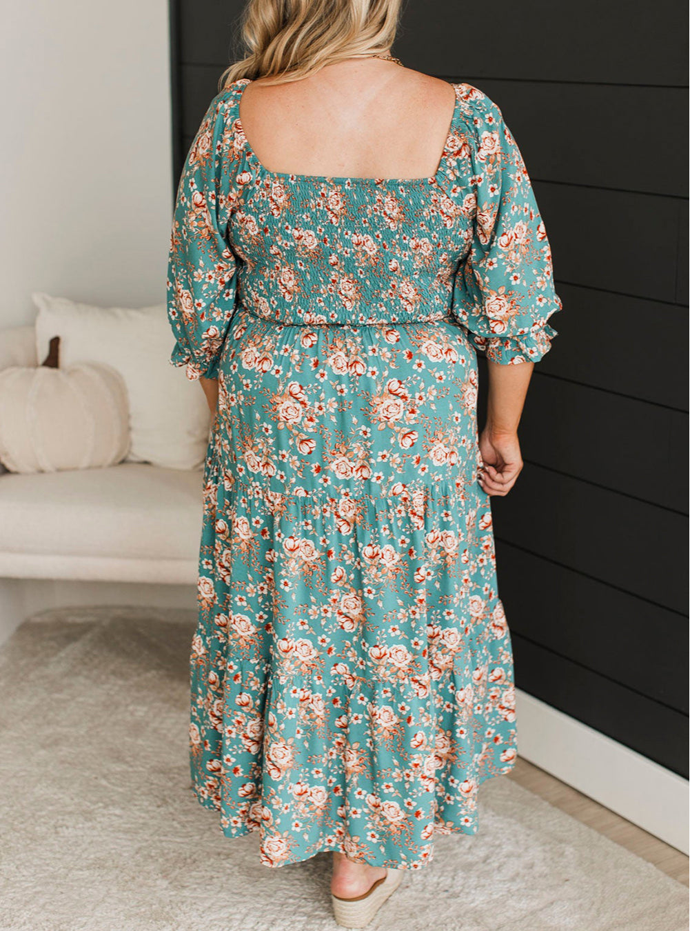 Plus Size Floral Print Square Neck Smocked Maxi Dress