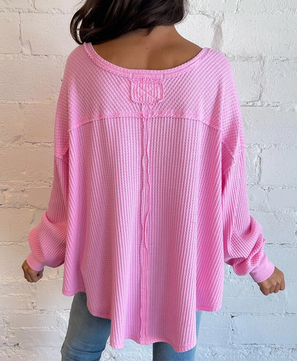 Waffle Knit Exposed Seam High Low Top