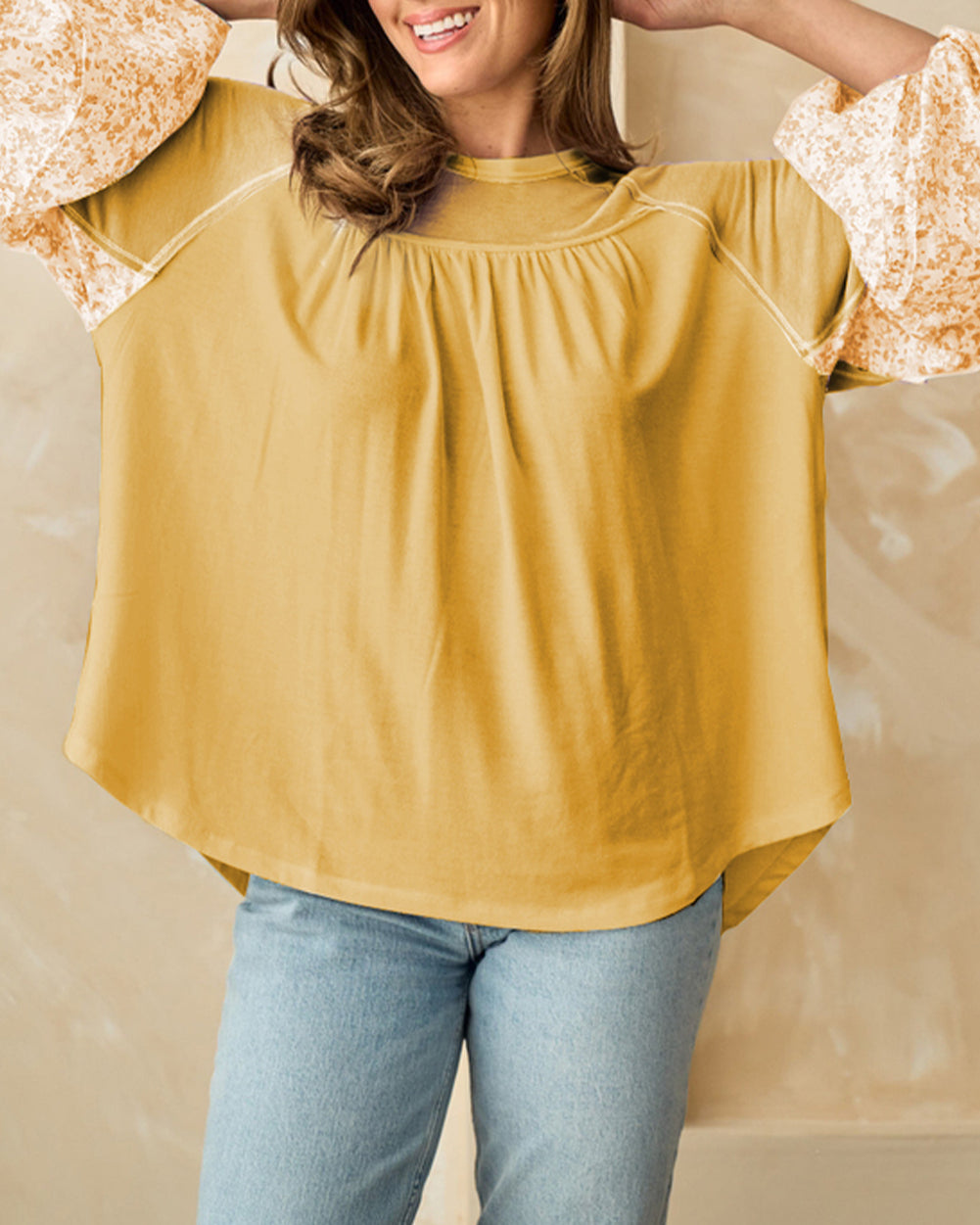 Floral Colorblock Balloon Sleeve Exposed Seam Blouse