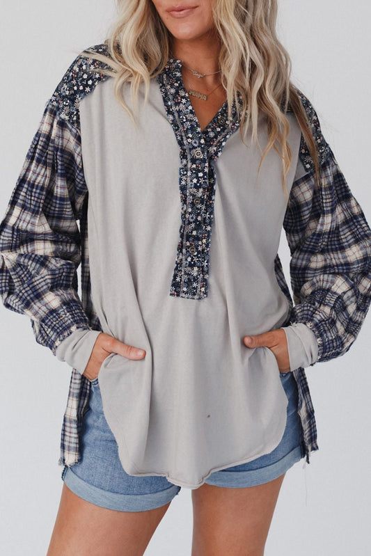 Floral Plaid Mixed Print Bishop Sleeve Patchwork Top with Slits