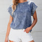 Acid Wash Pearl Embellishments O-neck Denim Top