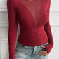 Solid Color Mesh Patchwork Long Sleeve Slim Top