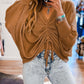 V-Neck Drawstring Dolman Sleeve Waffle Knit Top