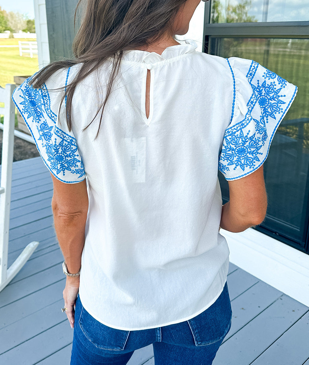 Embroidered Ruffled Sleeve Frilled Collar Blouse
