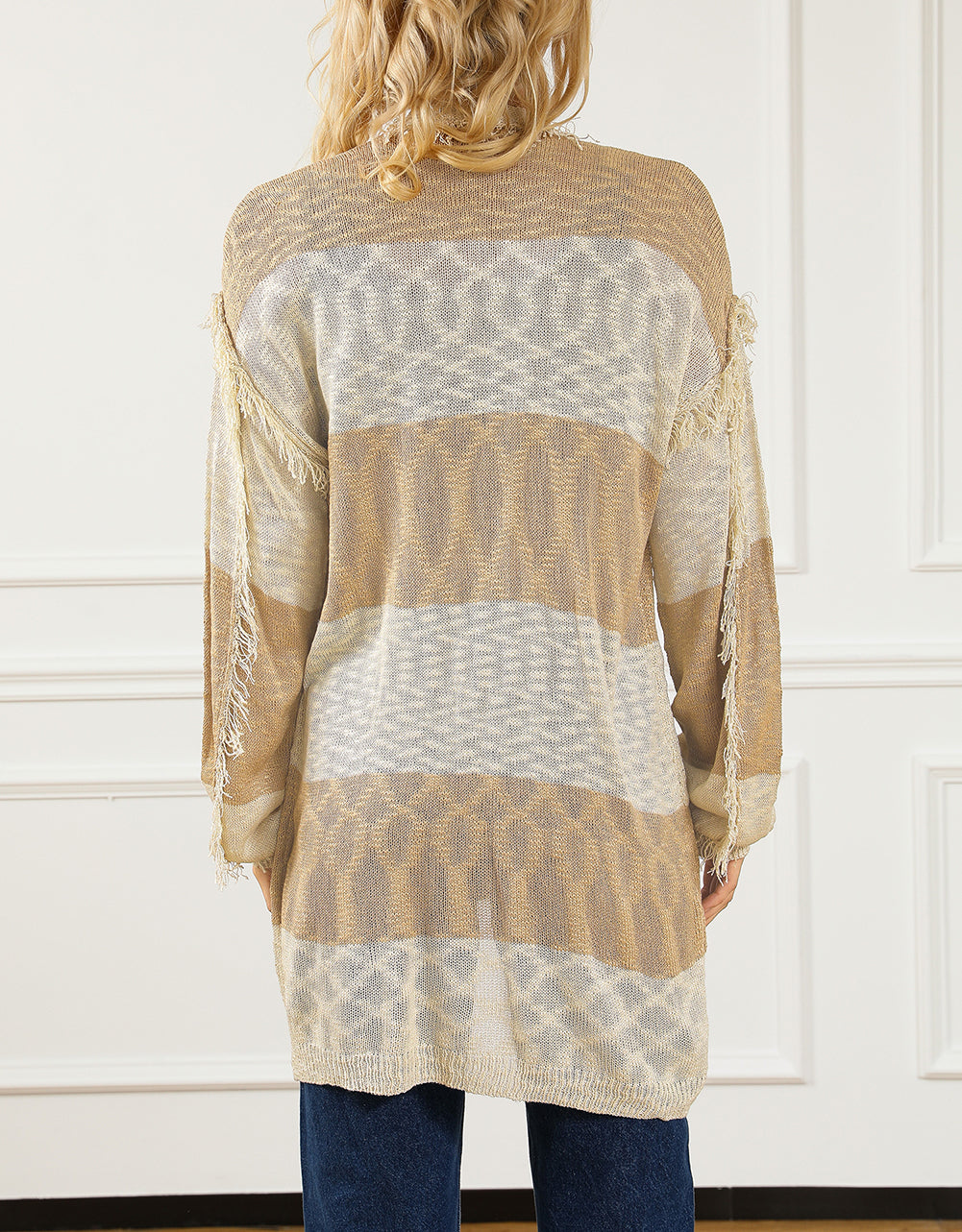 Two-tone Stripes Frayed Trim Lightweight Cardigan
