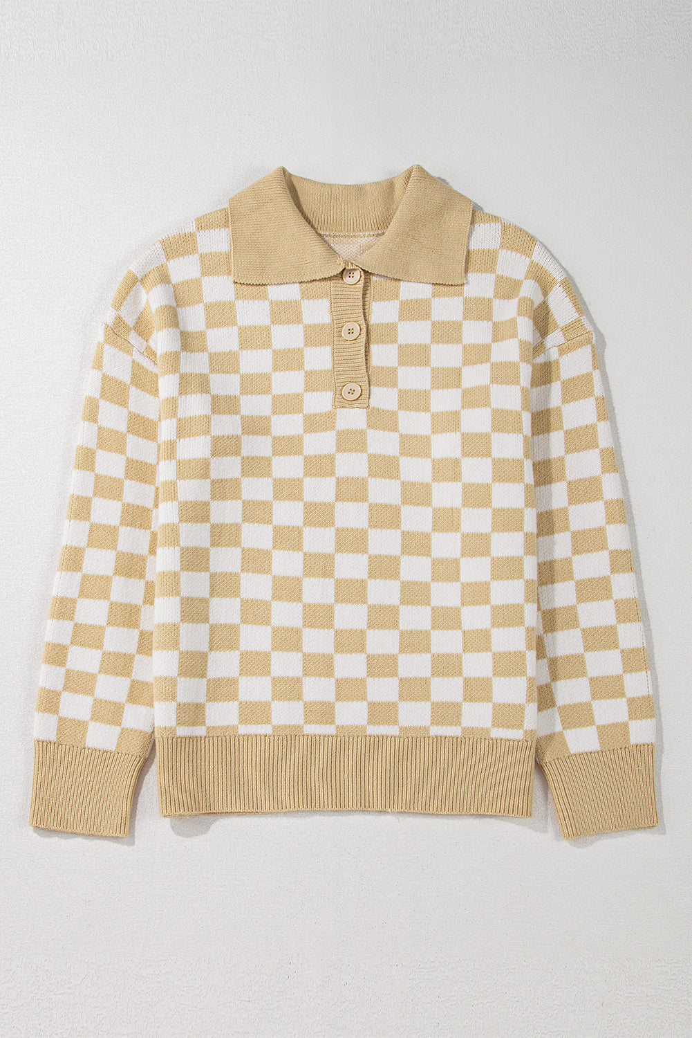 Checkered Buttons Collar V Neck Drop Shoulder Sweater