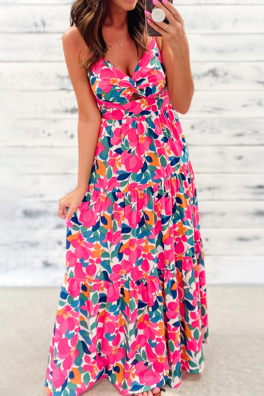Floral Twisted Smocked Back Tiered Maxi Dress