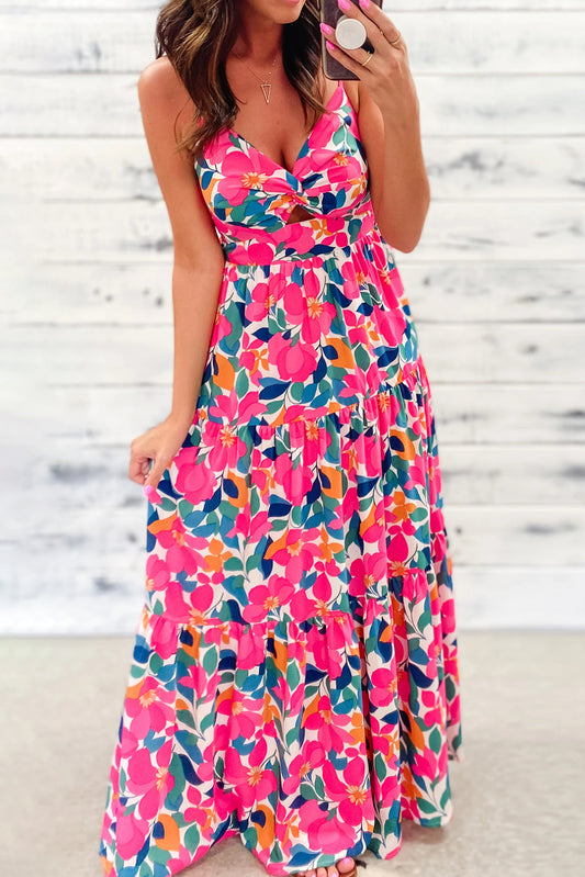 Floral Twisted Smocked Back Tiered Maxi Dress