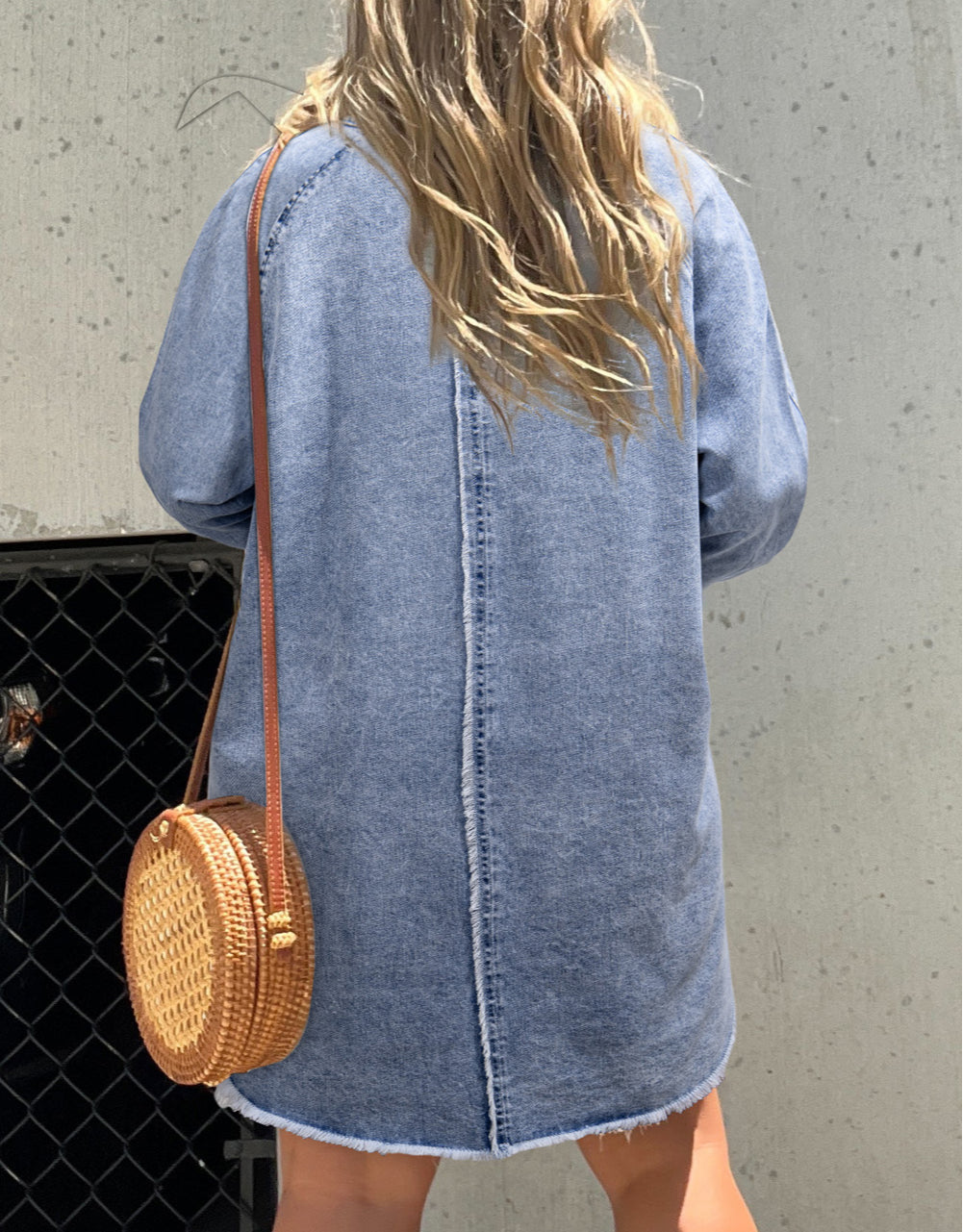 Wash Long Sleeve Button Up Raw Hem Pocketed Denim Dress