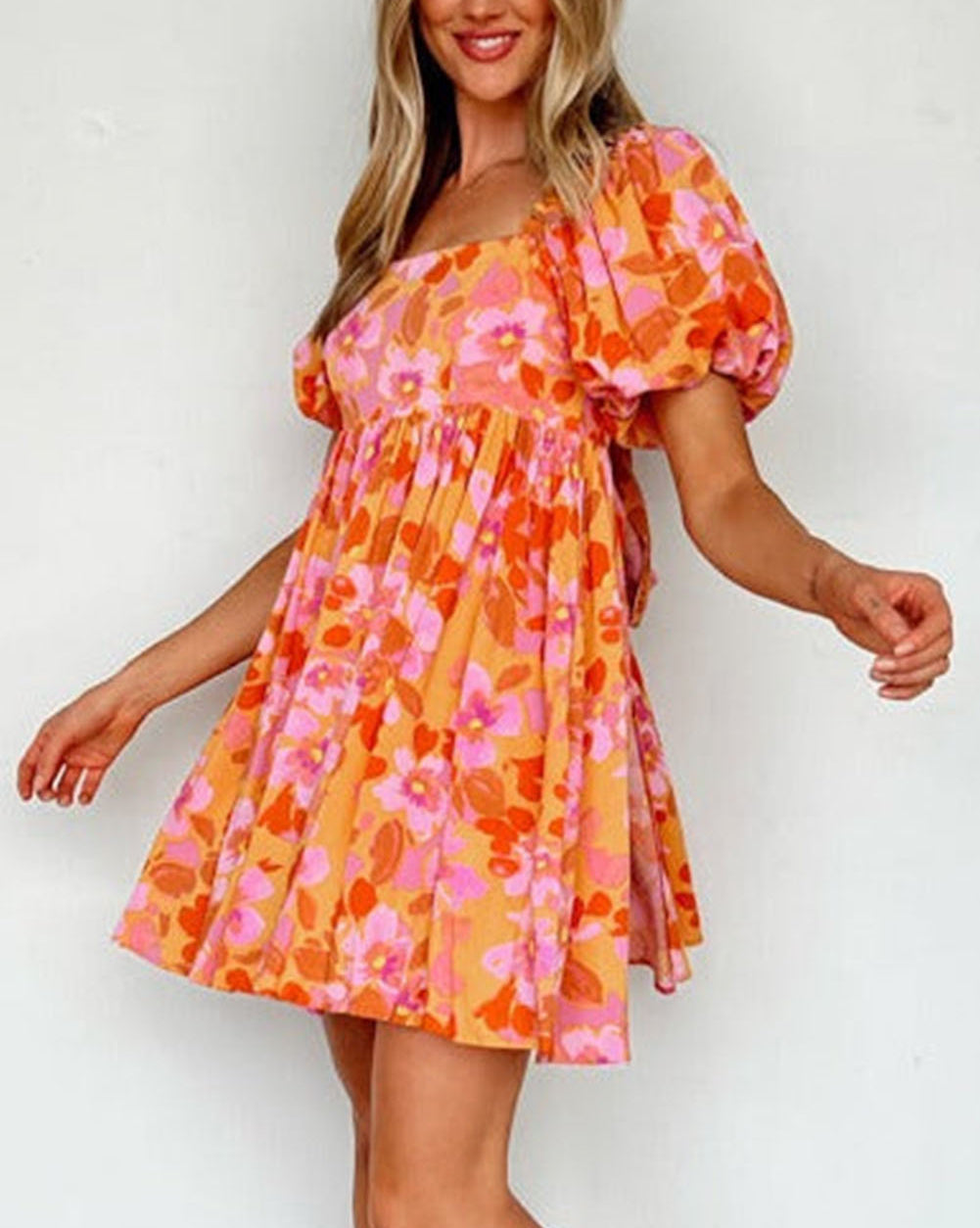 Puff Sleeve Bow Knot Open Back Floral Mini Dress