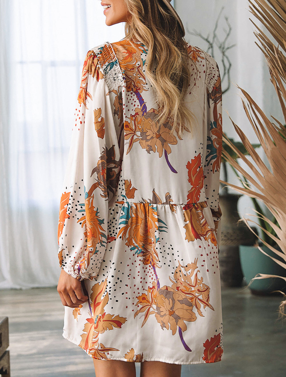 Floral Dotted Print Empire Waist Shift Dress