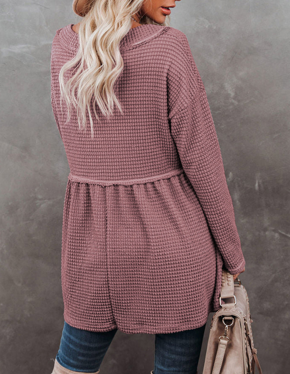 Waffle Knit V Neck Long Sleeve Babydoll Top