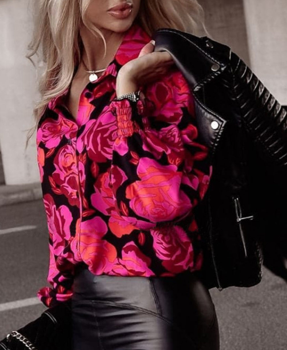 Floral Shirred Cuffs Long Sleeve Shirt