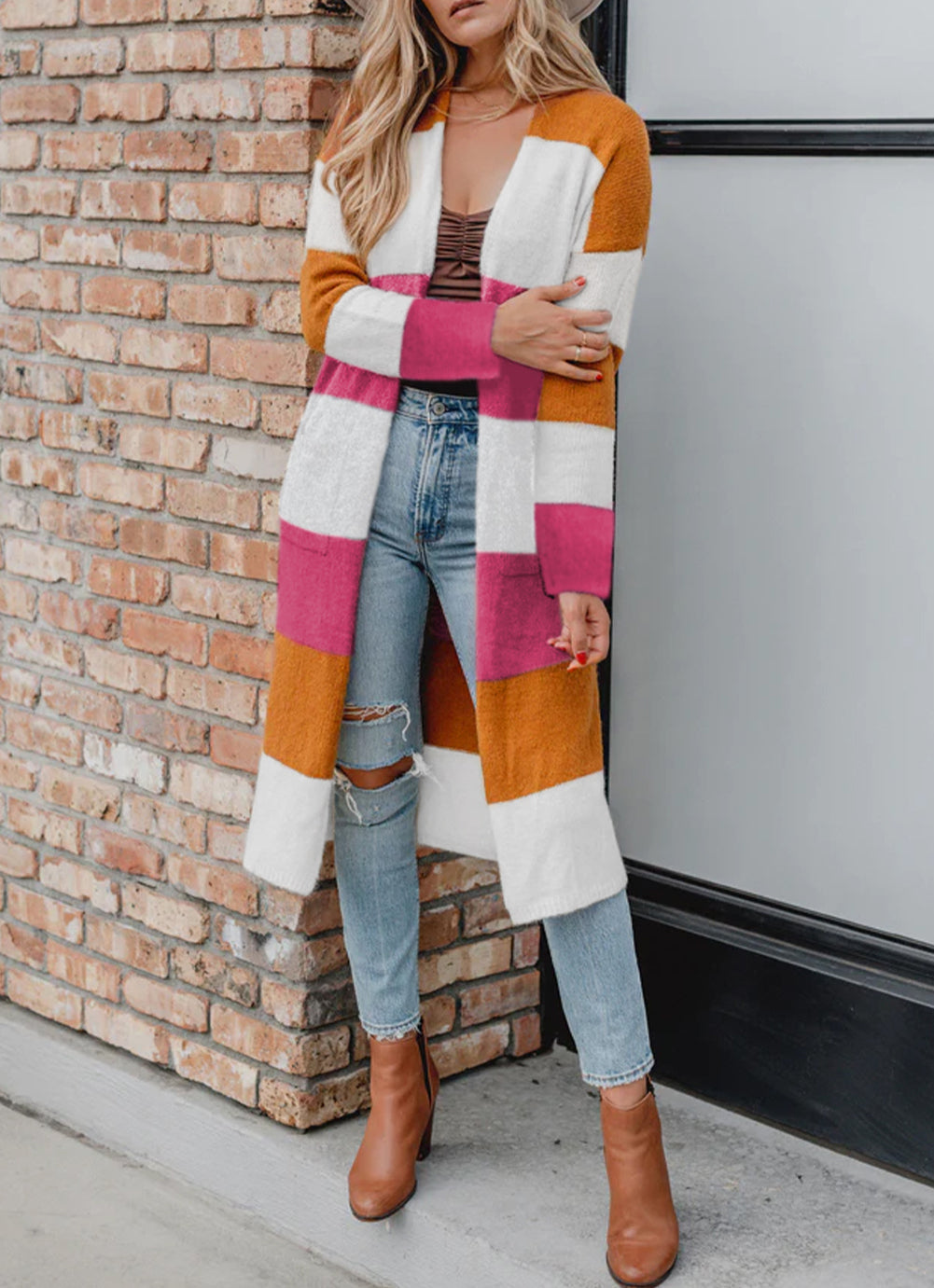 Multicolor Colorblock Open Front Long Knit Cardigan