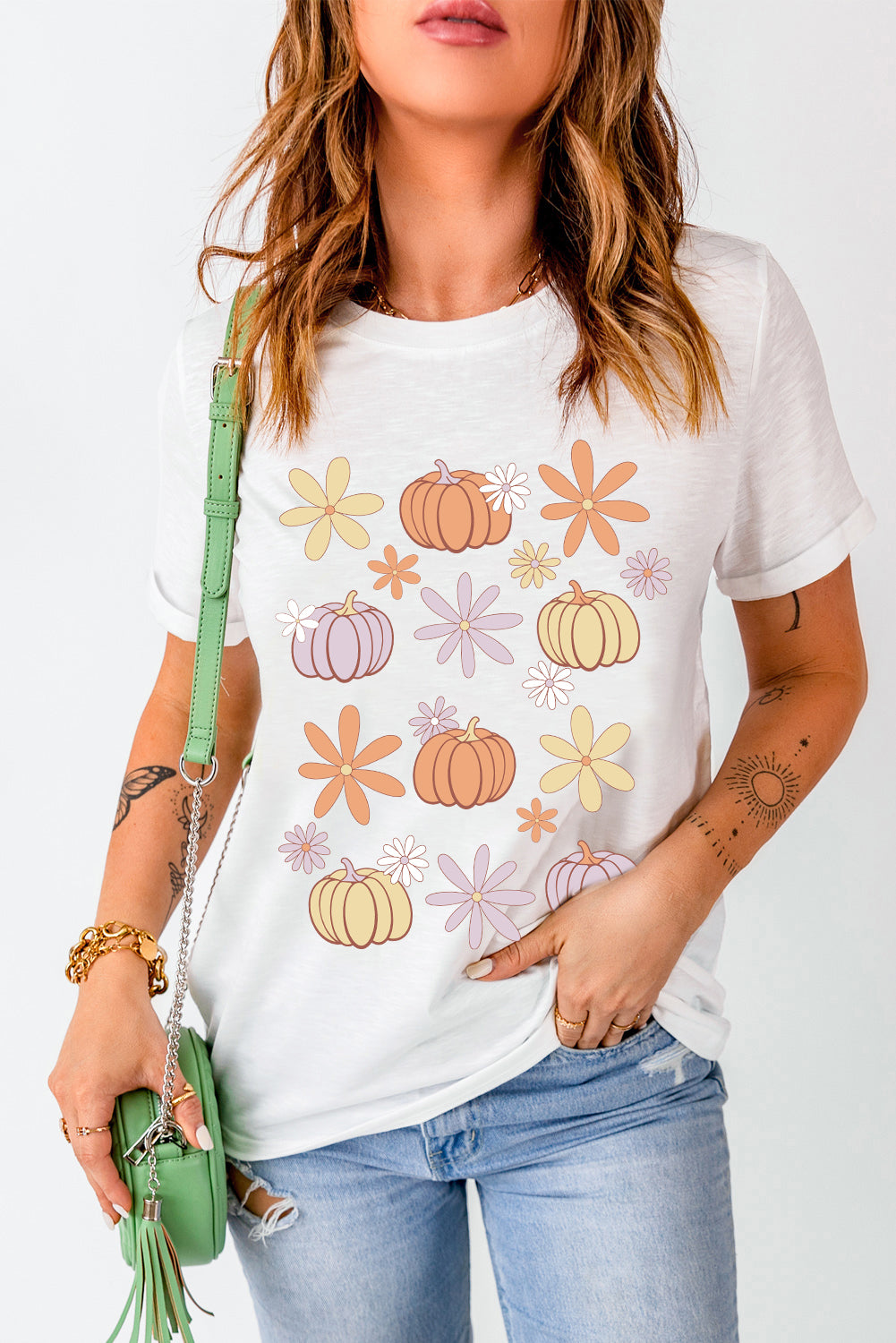 Floral Pumpkin Graphic Crewneck Halloween T Shirt